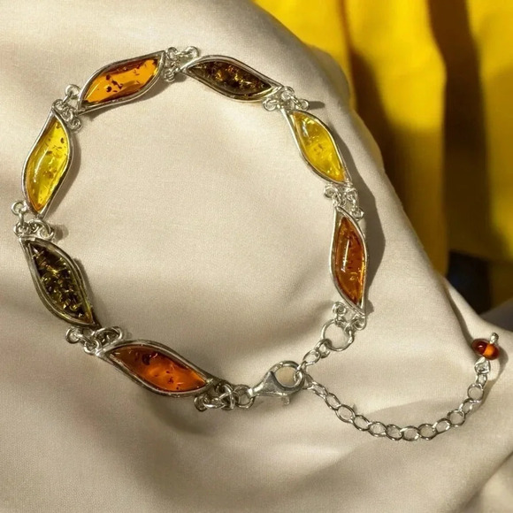 Tricolor Baltic Amber Sterling Silver Bracelet - Picture 3 of 7